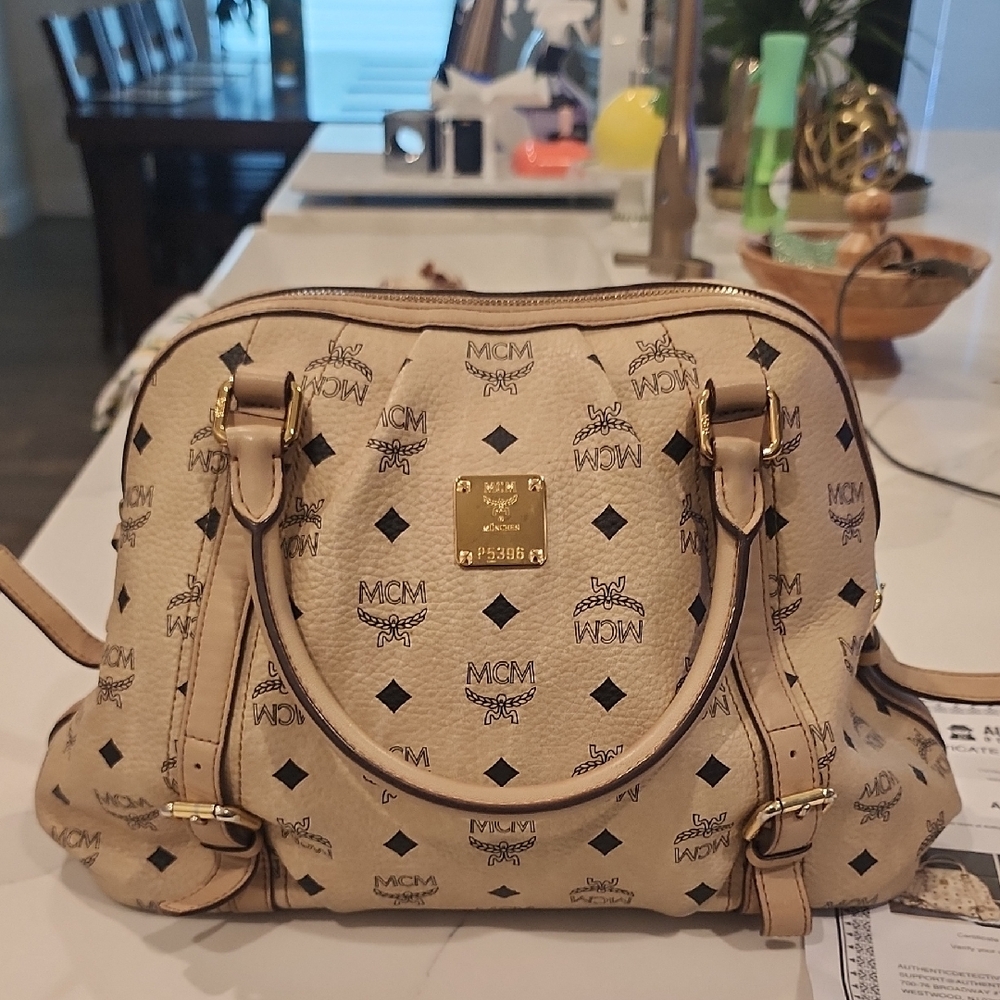 MCM Beige Visetos Satchel Monogram Logo